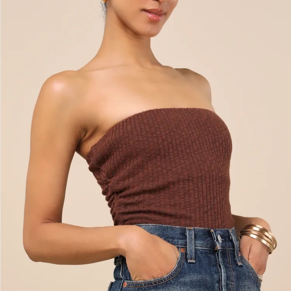 NWT Lulus Lautaro Brown Ribbed Strapless Crop Top medium